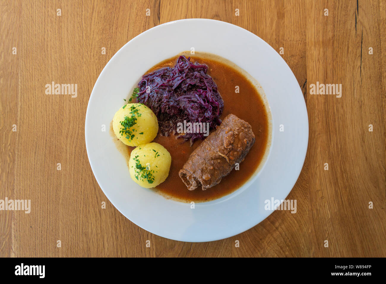 Rinderroulade, Beef roll or roulades, traditional German meal, serve