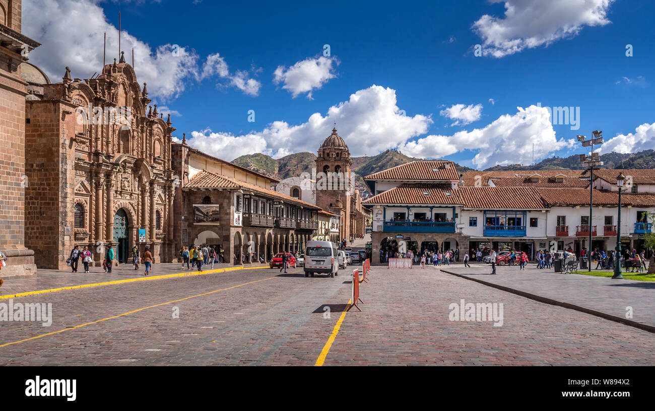 Cuzco, Peru - May3, 2019. The main square of Cusco, Plaza de Armas with its famous landmark, Cusco Cathedral, Cusco, Peru, South America, Stock Photo