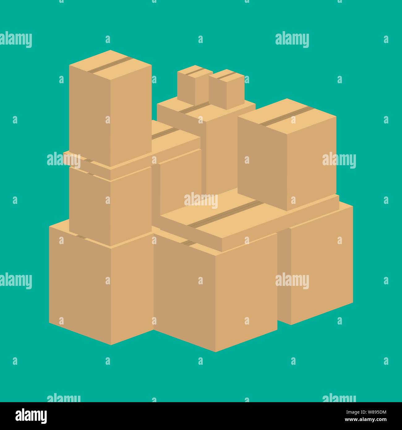 Pile of stacked sealed goods cardboard boxes. Flat style vector