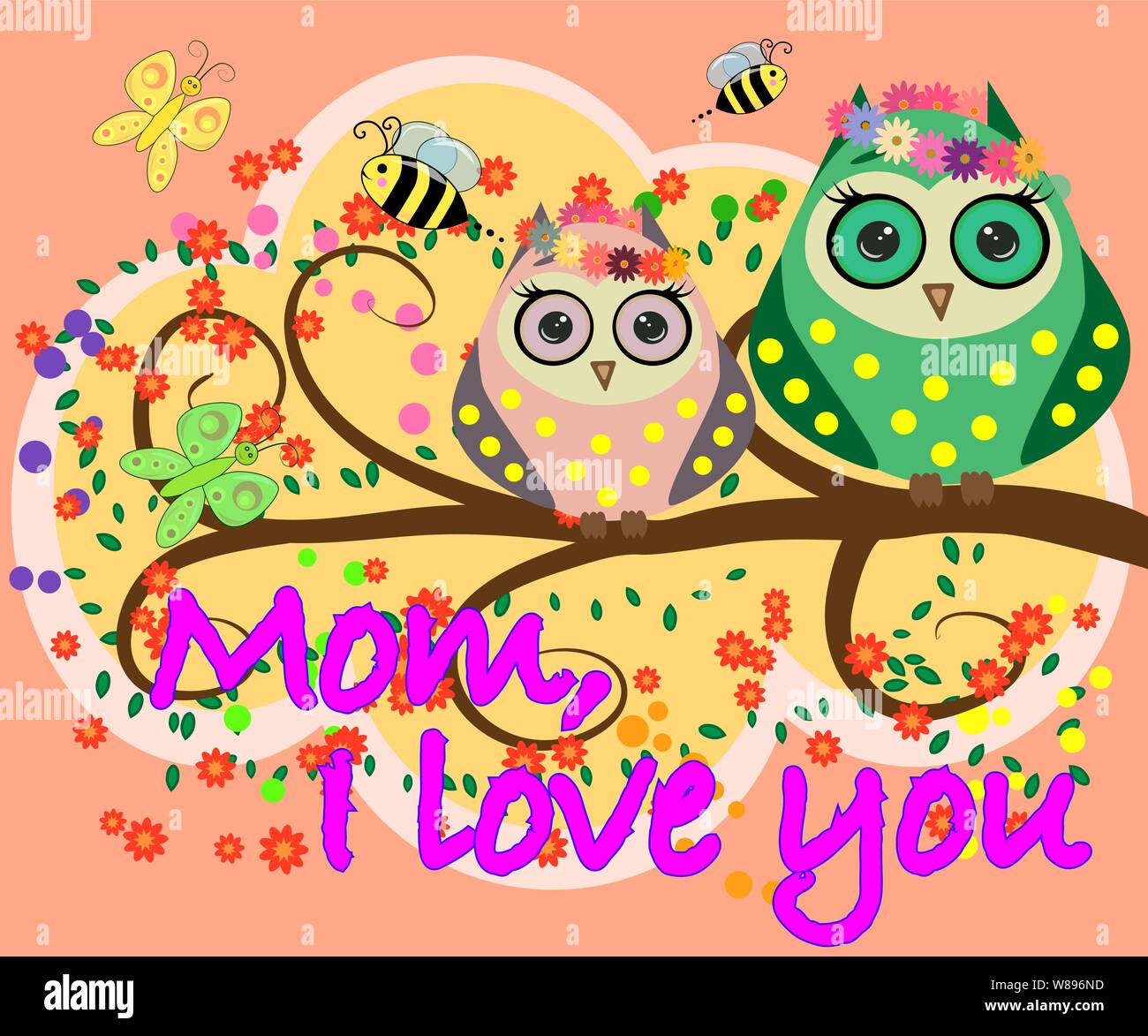 Mother's day owl. Cute illustration of happy mother and kid owl sitting ...