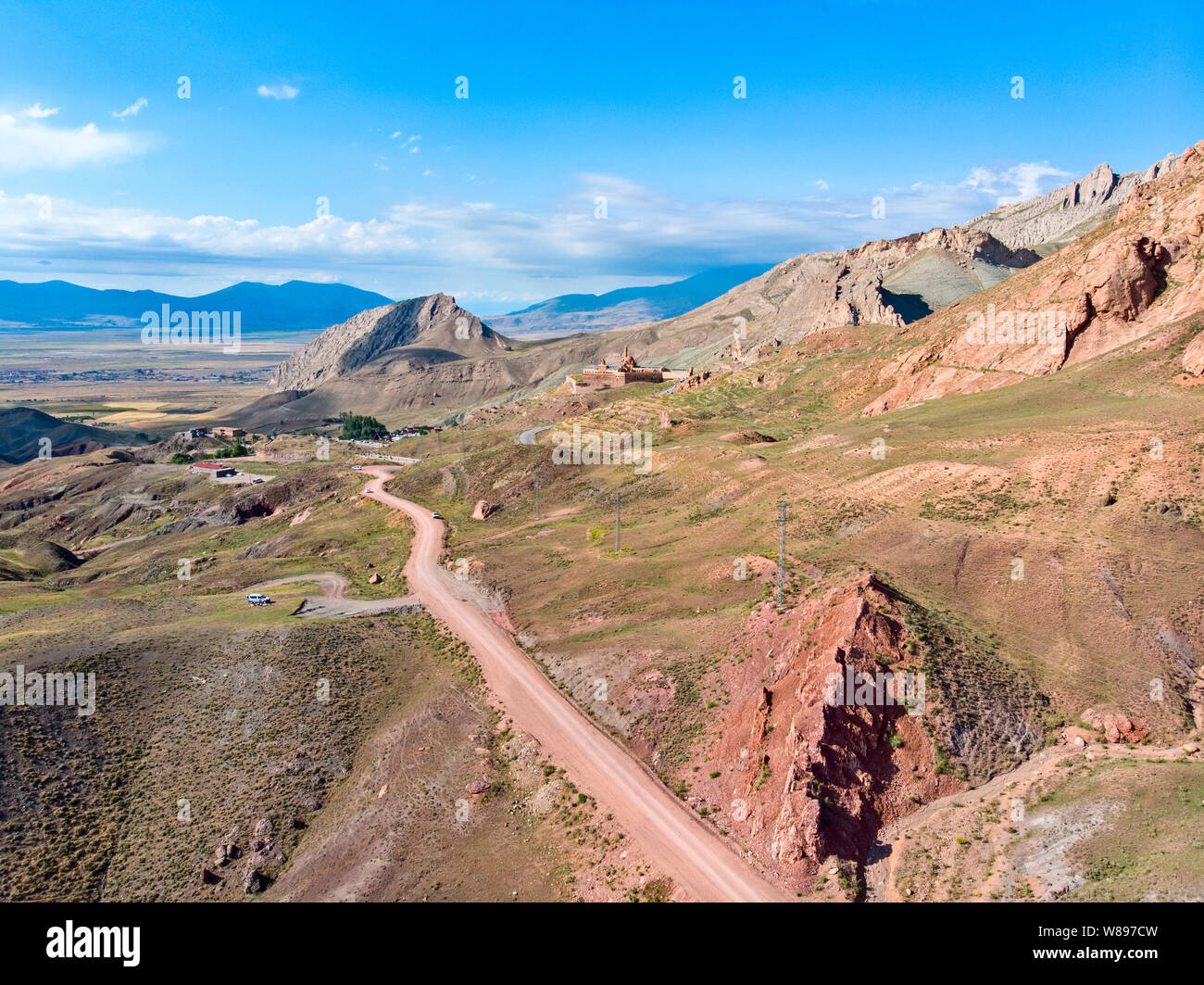 Aerial view of dirt roads on the plateau around Mount Ararat, dirt roads and breathtaking landscapes, winding roads, rocky peaks and hills. Turkey Stock Photo
