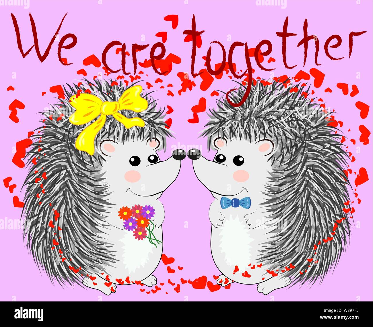 Invitation card with cute cartoon Hedgehogs in love with Heart and ...
