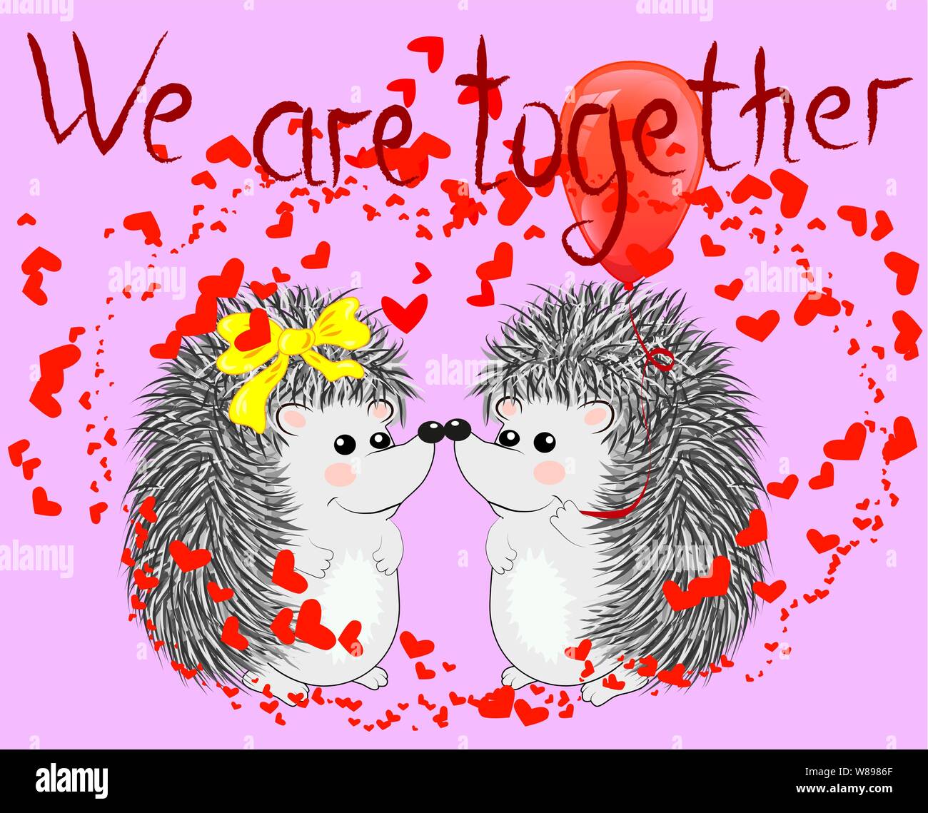 Invitation card with cute cartoon Hedgehogs in love with Heart and ...