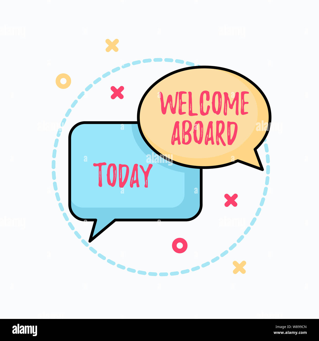 Conceptual hand writing showing Welcome Aboard. Concept meaning Expression of greetings to a demonstrating whose arrived is desired Pair of Overlappin Stock Photo