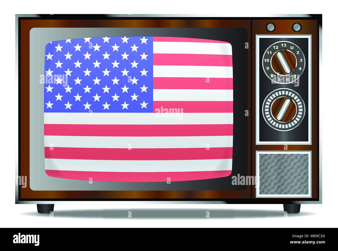 An old wood surround television receiver over a white background with Old Glory Stock Vector