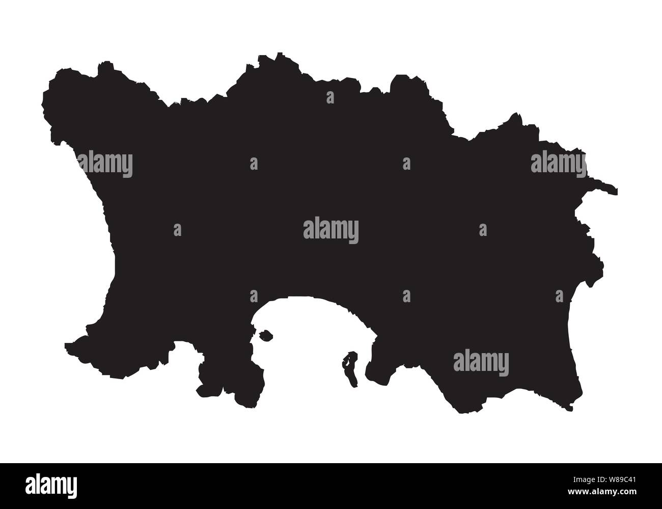 Silhouette outline map of The Channel Island of Jersey over a white background Stock Vector