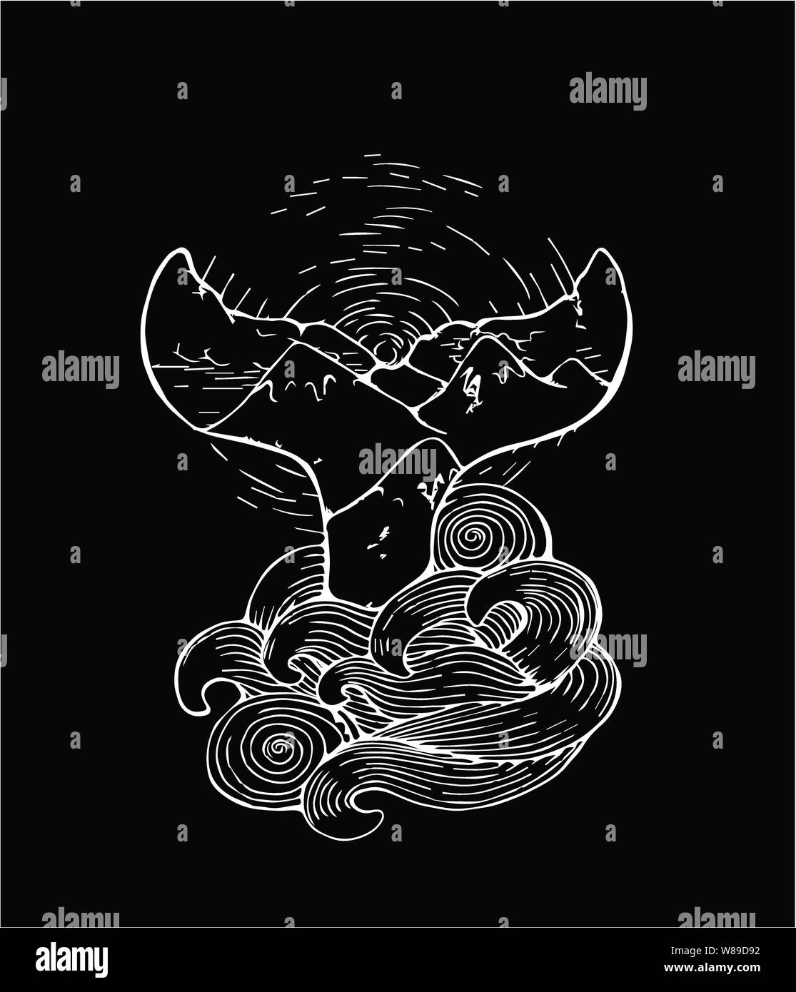 Black And White Illustration Of A Whale S Tail Disappearing Into The Sea Wave Graphics Sun Mountain Idea For Tattoo Stock Vector Image Art Alamy