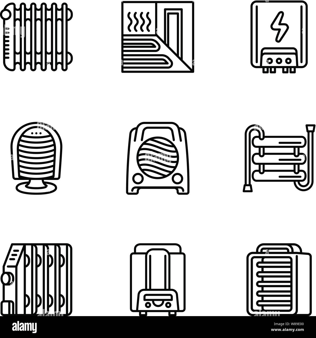 Home heater icon set. Outline set of 9 home heater vector icons for web