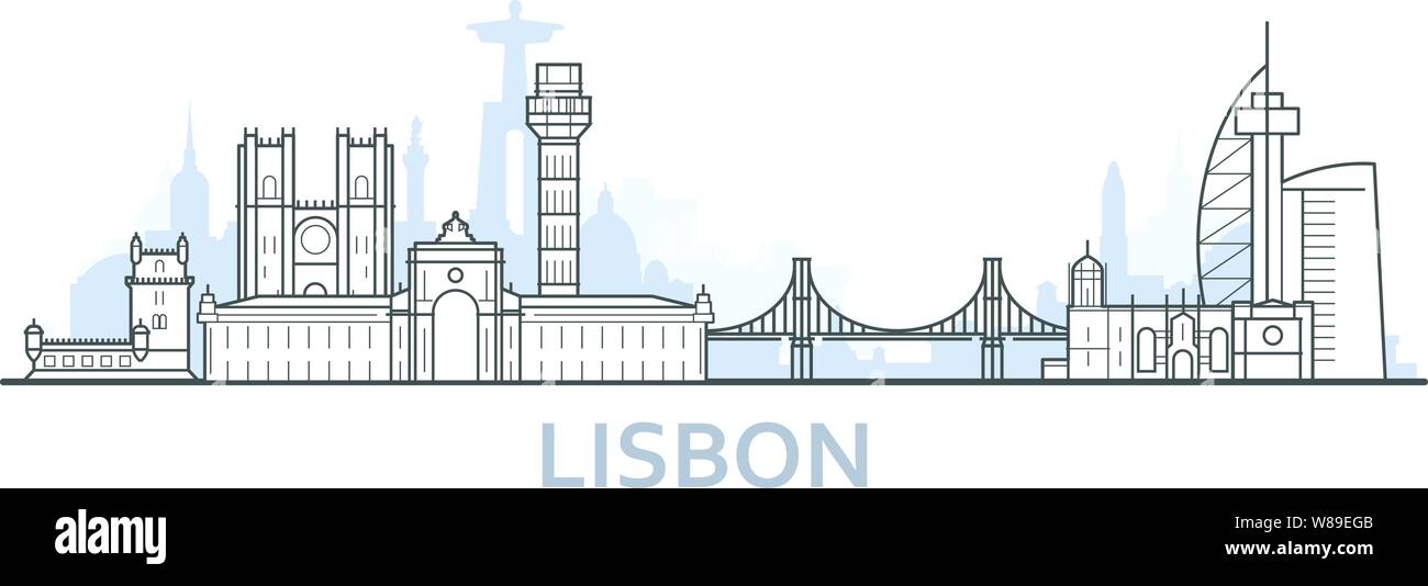 Outline of Lisbon cityscape - old town view with landmarks of Lisbon Stock Vector