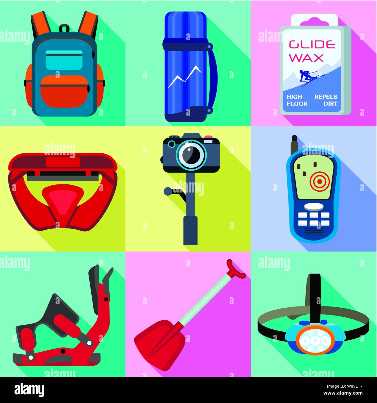 Snowboarding equipment icon set. Flat set of 9 snowboarding equipment ...