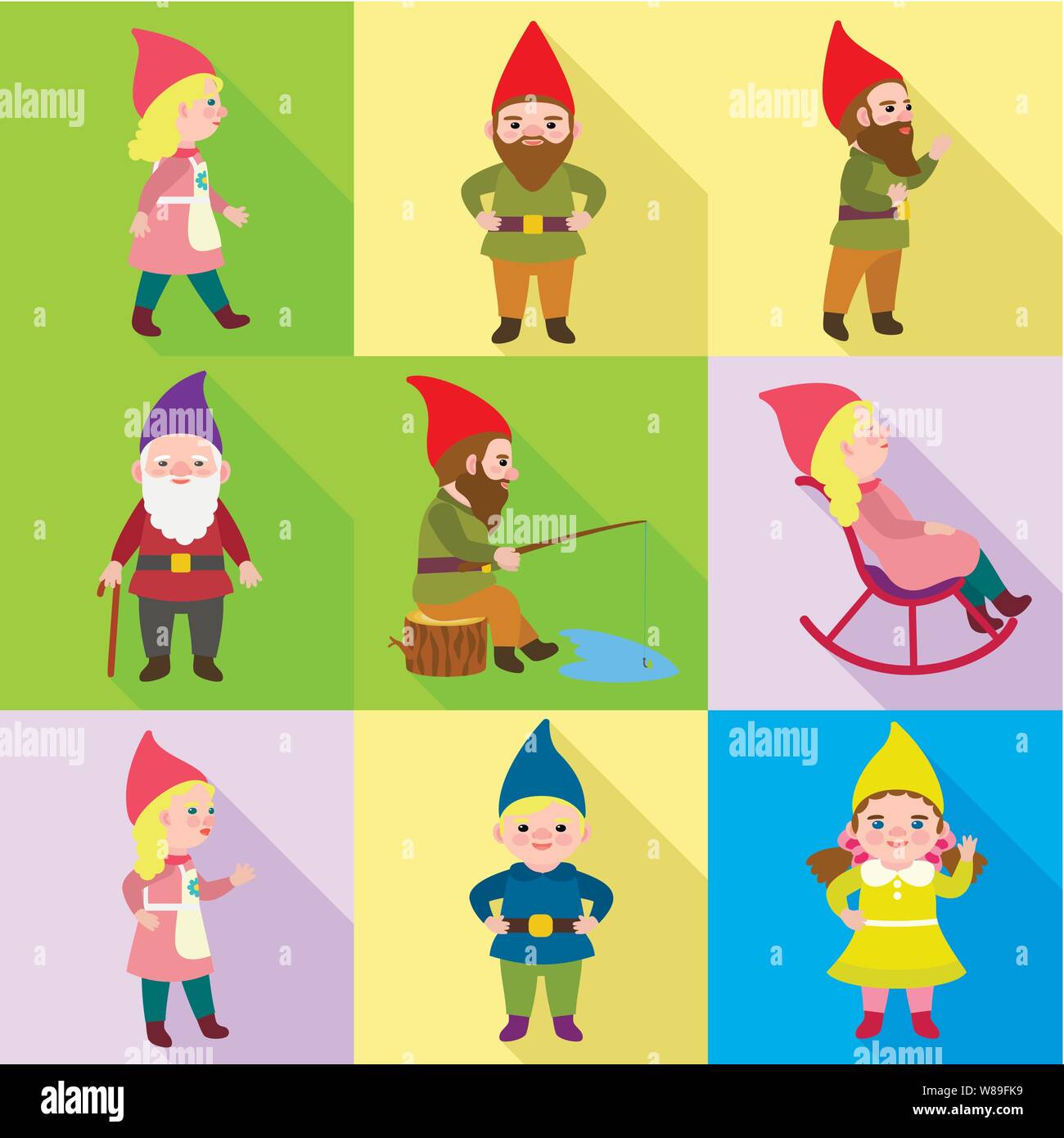 Fantasy gnome icon set. Flat set of 9 fantasy gnome vector icons for