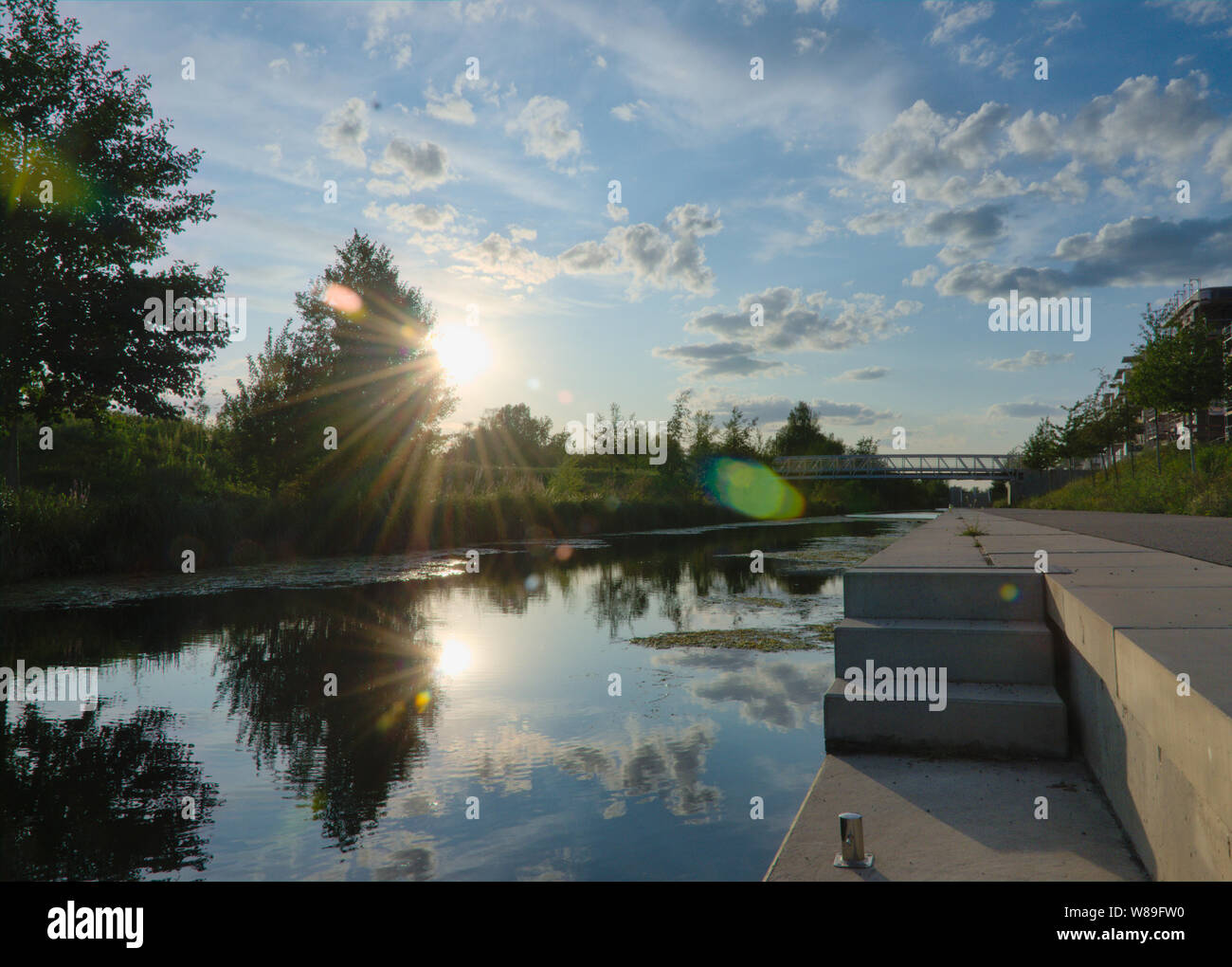 Lindenauer Hafen in the evening Sunlight Stock Photo