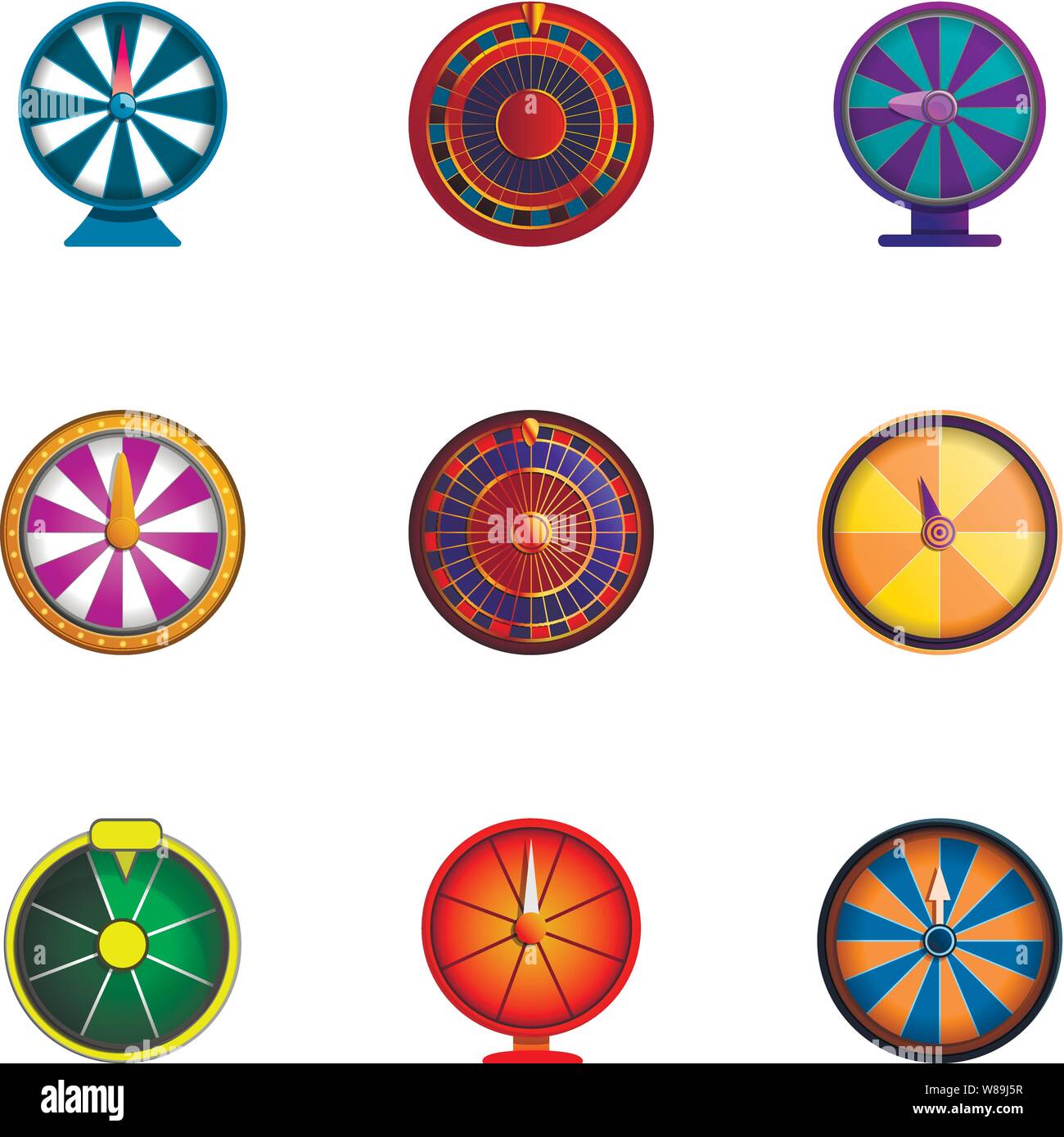 Spin fortune wheel icon set. Cartoon set of 9 spin fortune wheel vector