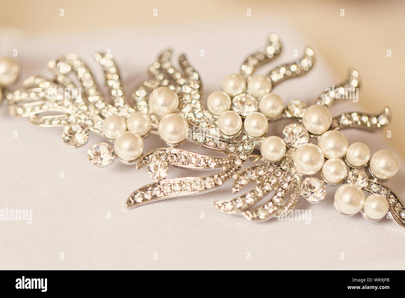 Vintage Style Silver Diamond Pearl Hair Accessory Stock Photo