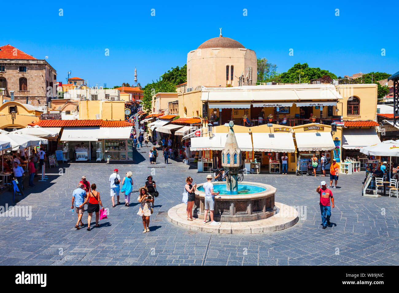 RHODES, GREECE - MAY 13, 2018: Hippocrates fountain at the Rhodes old town main square in Rhodes island in Greece Stock Photo