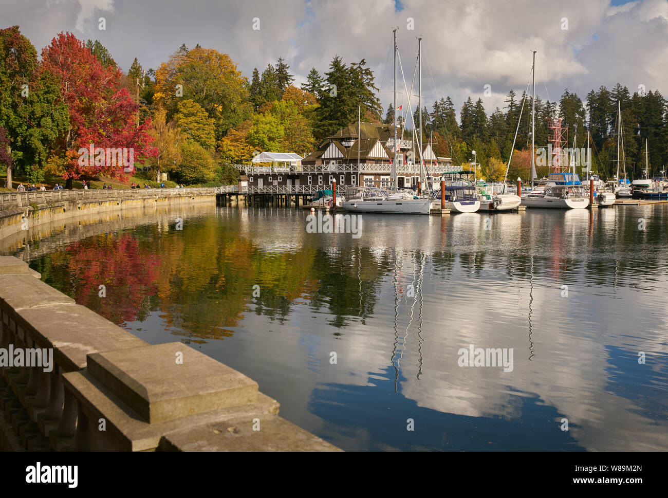 Coal Harbor Autumn Vancouver. Stanley Park fall colours reflect in Coal Harbour by the Vancouver Rowing Club. Stock Photo