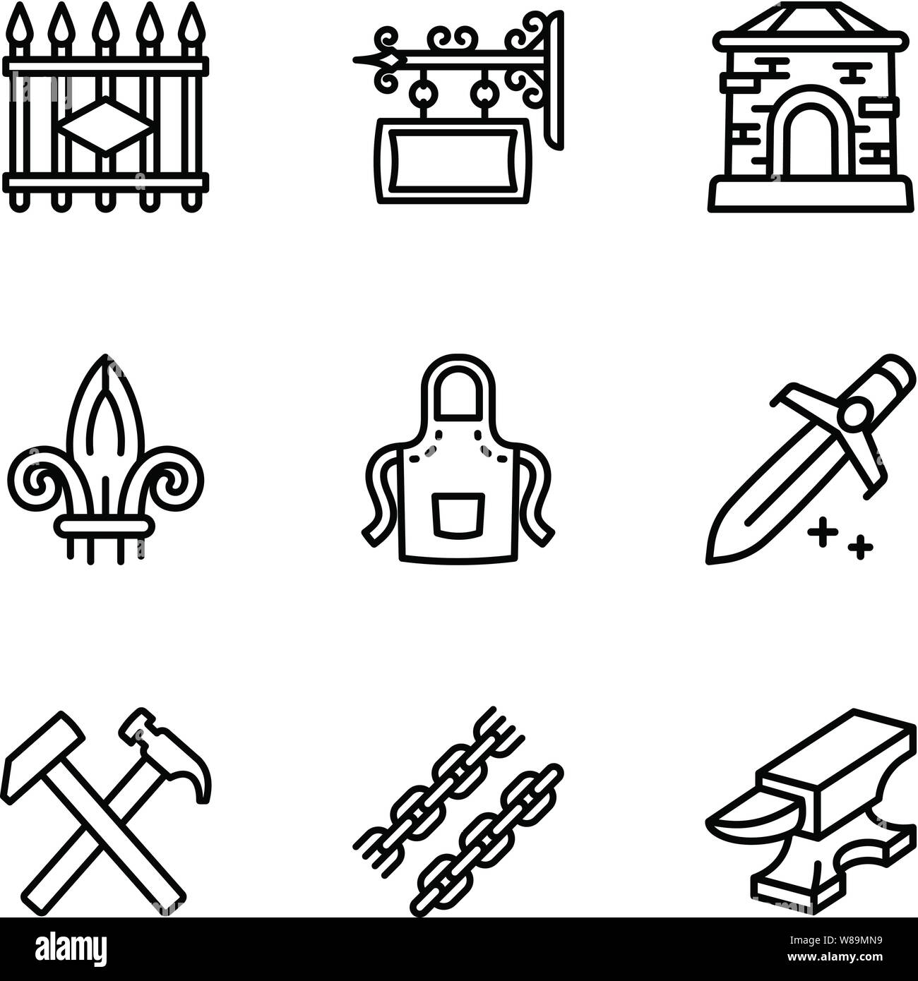 Blacksmith collection icon set. Outline set of 9 blacksmith collection vector icons for web design isolated on white background Stock Vector