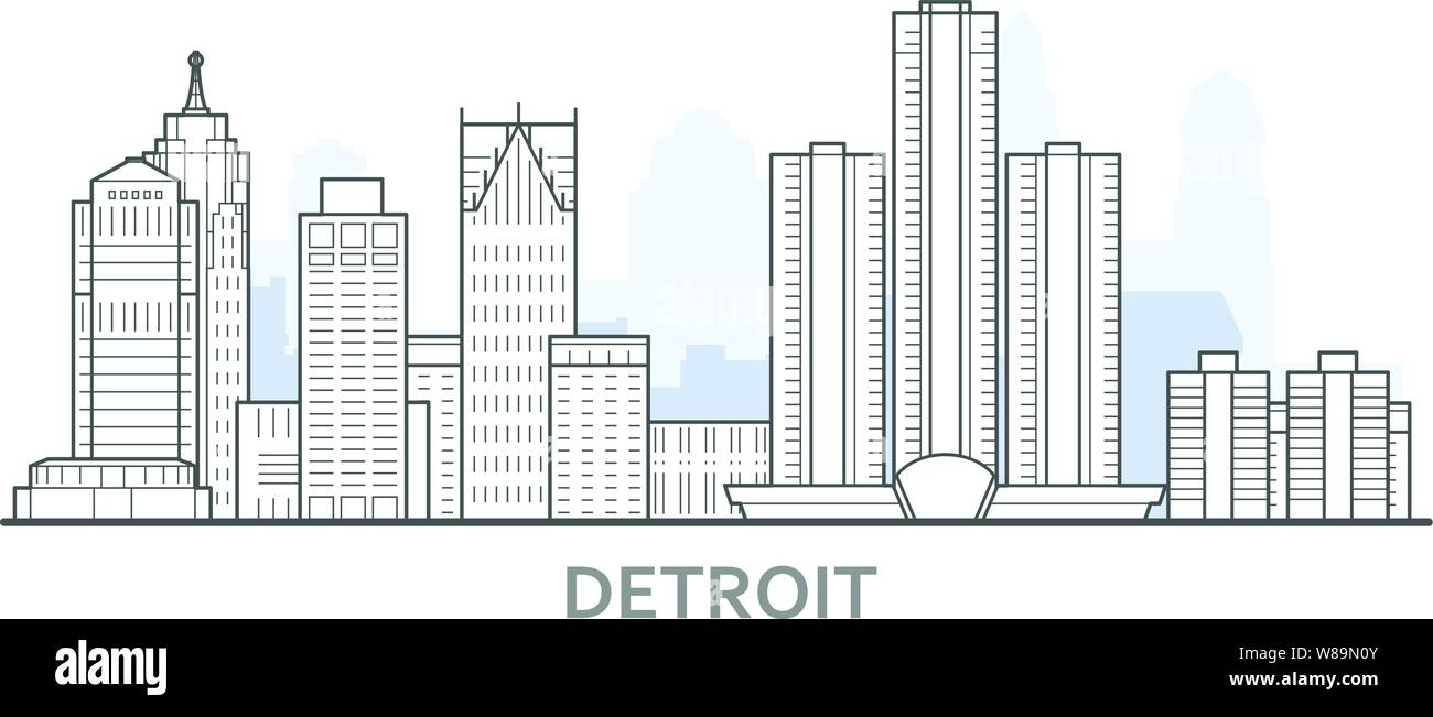 Detroit cityscape, Michigan - panorama of Detroit, outline of skyline of downtown Stock Vector