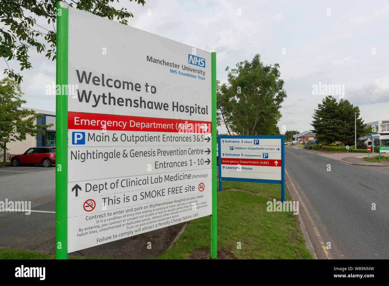 Signage for Wythenshawe Hospital located in south Manchester. Stock Photo
