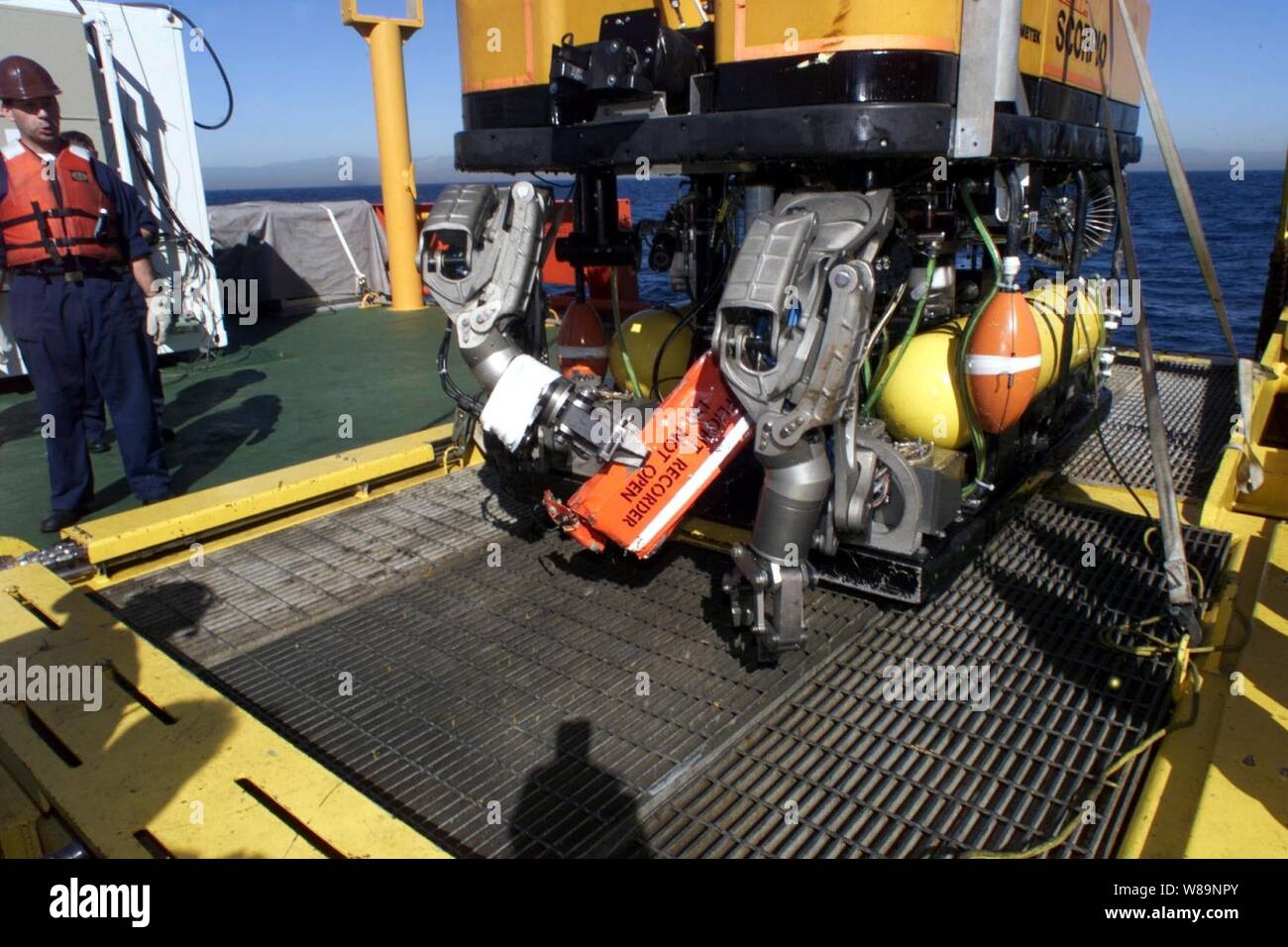 The remotely piloted vehicle SCORPIO sits on the deck of the MV Kellie Chouest after retrieving the flight data recorder from the downed Alaska Airlines Flight 261 off the coast of Ventura County, Calif., on Feb. 3, 2000.  The flight data recorder, more commonly called a black box, was located underwater and brought aboard the ship by SCORPIO, a tethered unmanned work vehicle from the Navy's Deep Submergence Unit Unmanned Vehicle Detachment.  The MV Kellie Chouest is a Military Sealift Command Submarine Support Ship. Stock Photo