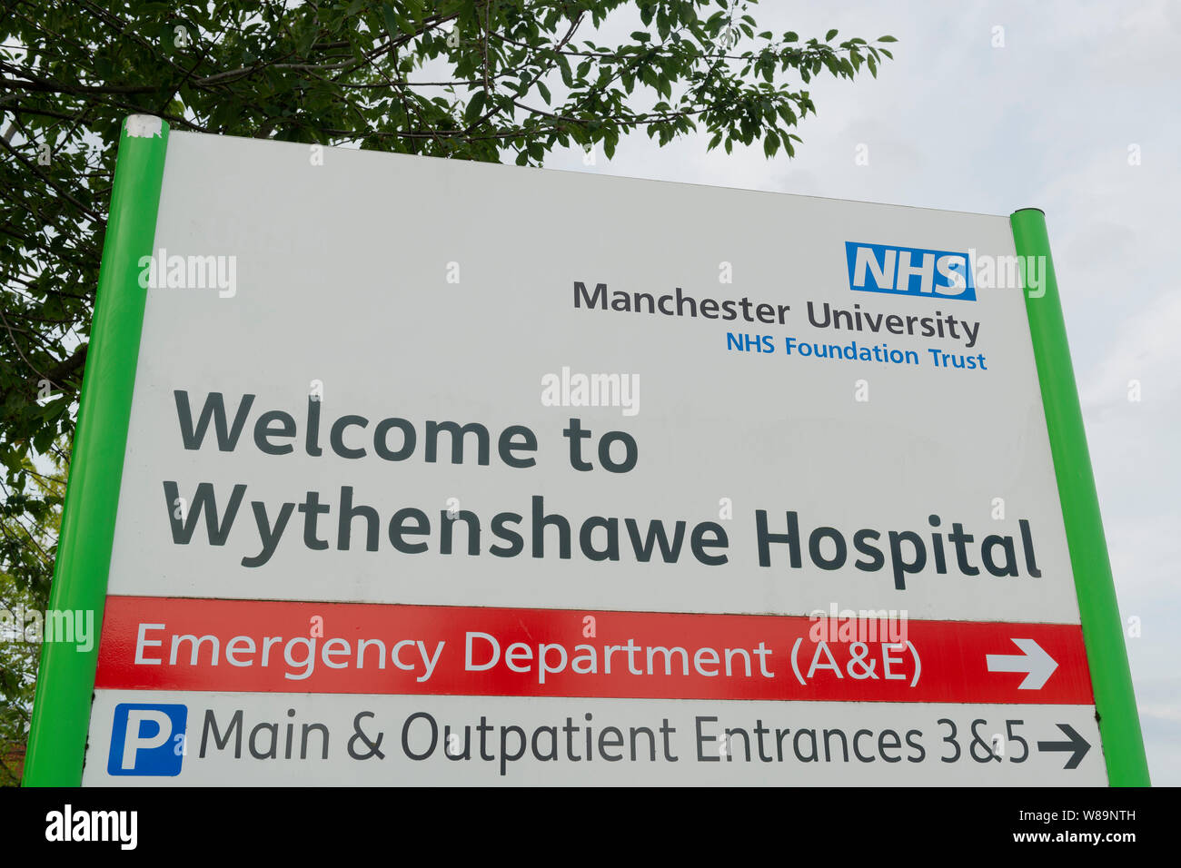 Signage for Wythenshawe Hospital located in south Manchester. Stock Photo