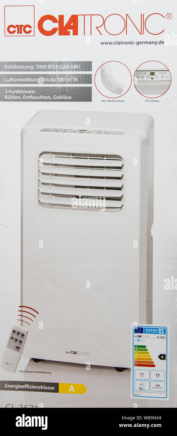 Paris France Jun 23 19 Front Part Of The Cardboard Box Of New Portable Air Conditioner Unit Ac During Hot Summer In His Living Room Clatronic Stock Photo Alamy