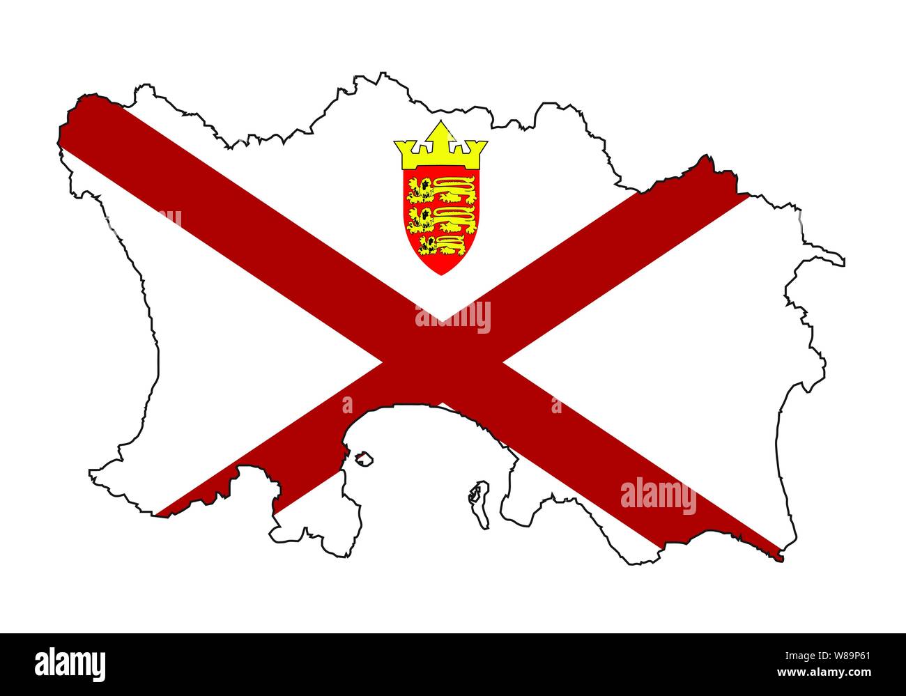 Silhouette outline map of The Channel Island of Jersey over a white background with the islands flag inset Stock Vector