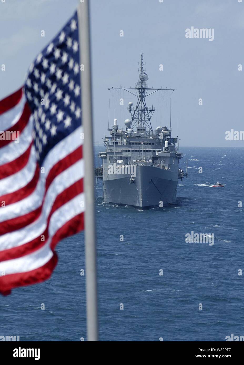 The amphibious transport dock USS Nashville (LPD 13) rides at anchor