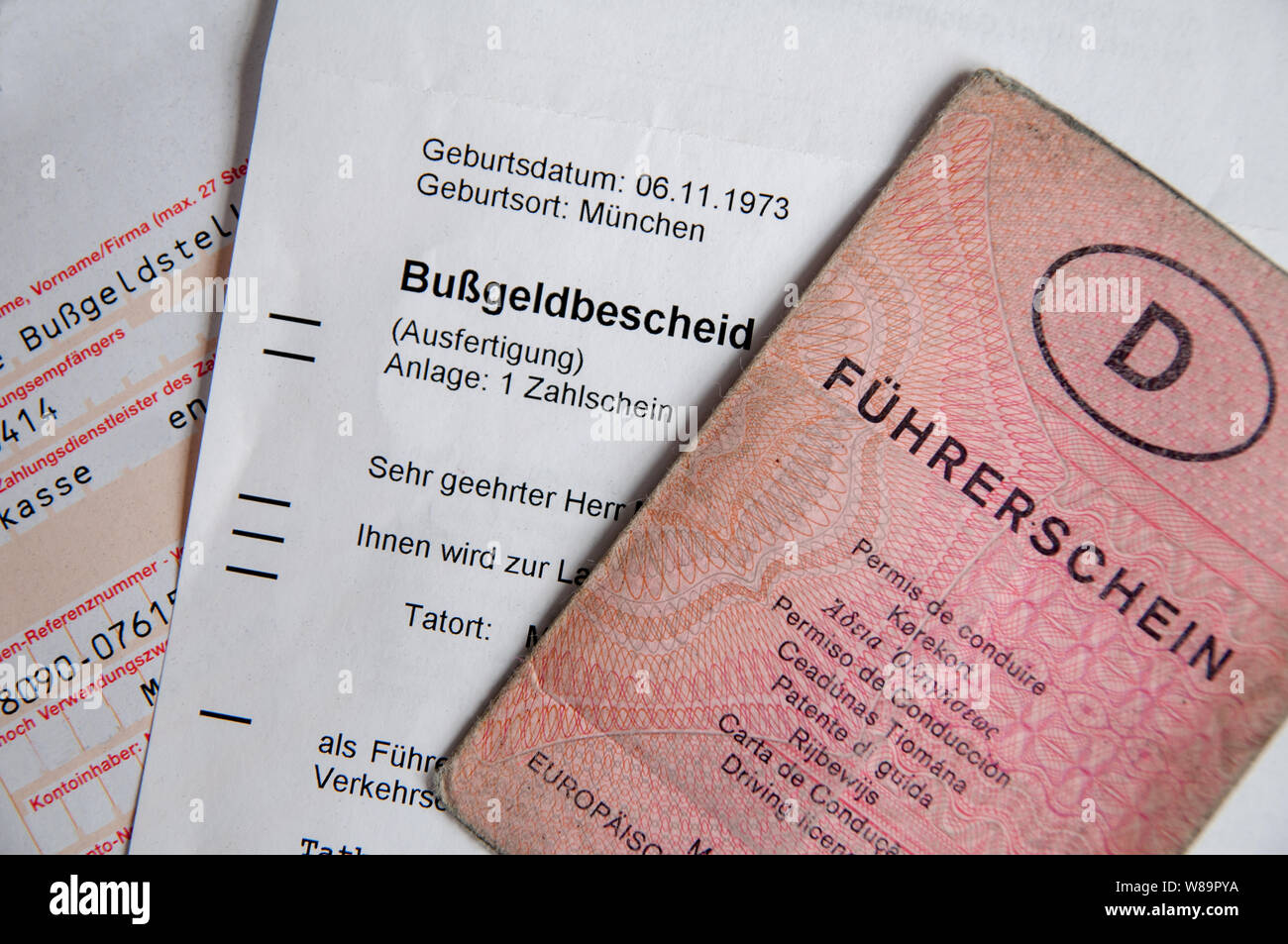 German driving license 'Führerschein' and 'Bußgeldbescheid' Stock Photo
