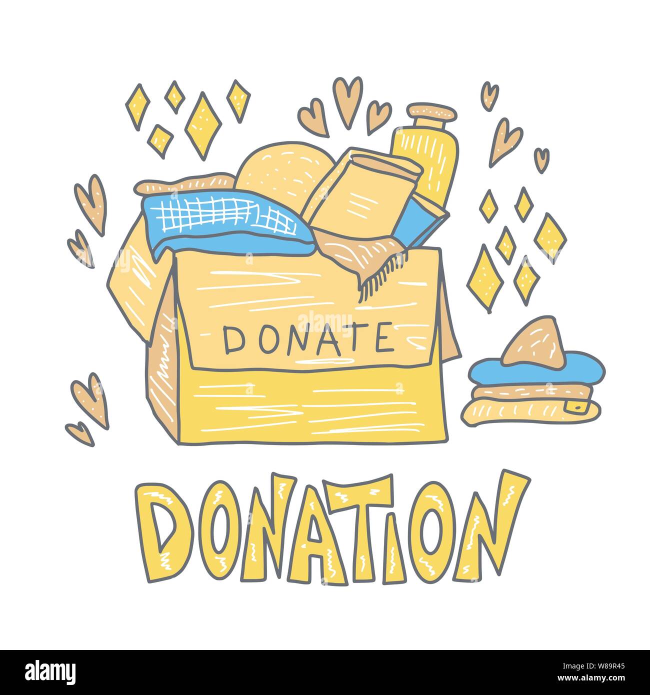 Donation concept. Box with stuff and text. Donate things with lettering isolated on white background. Vector color illustration. Stock Vector