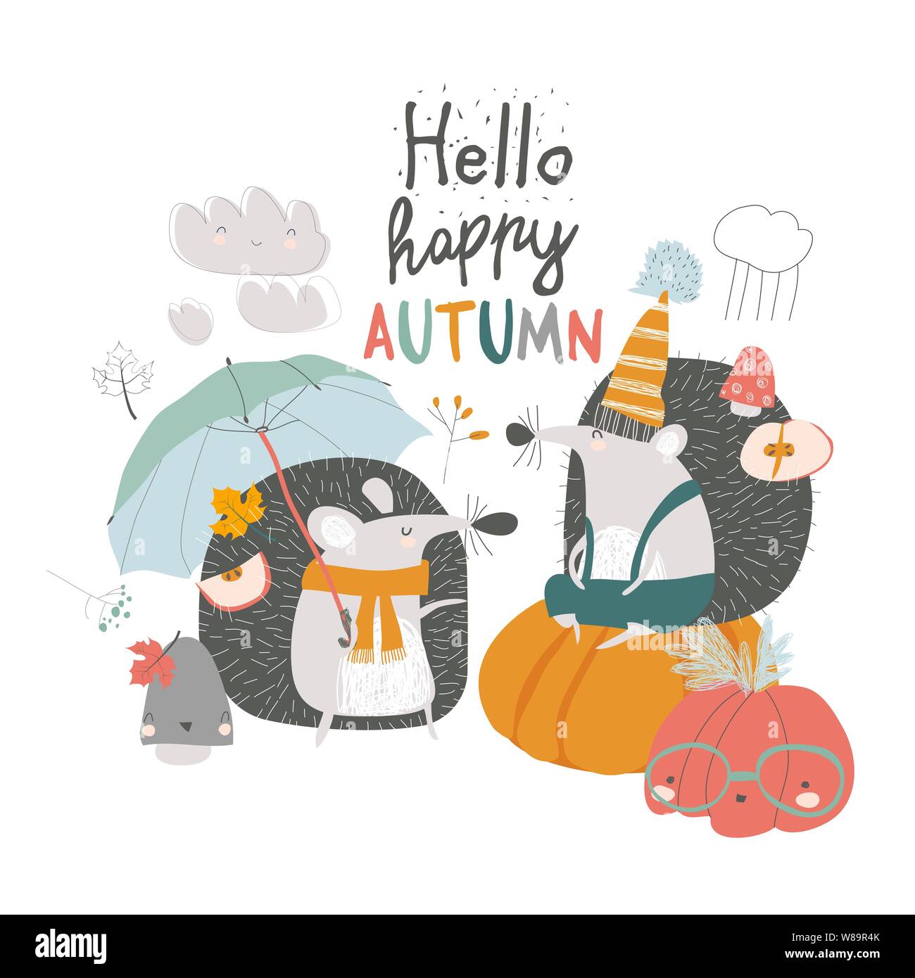 Cute autumn Hedgehogs with umbrella and pumpkins Stock Vector Image ...