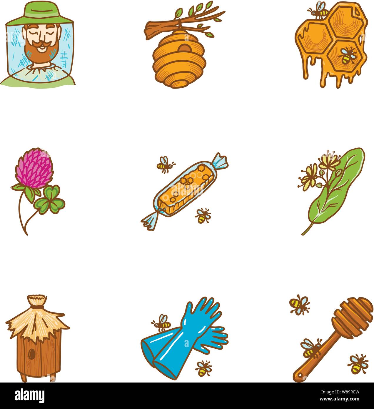 Organic honey icon set. Hand drawn set of 9 organic honey vector icons ...