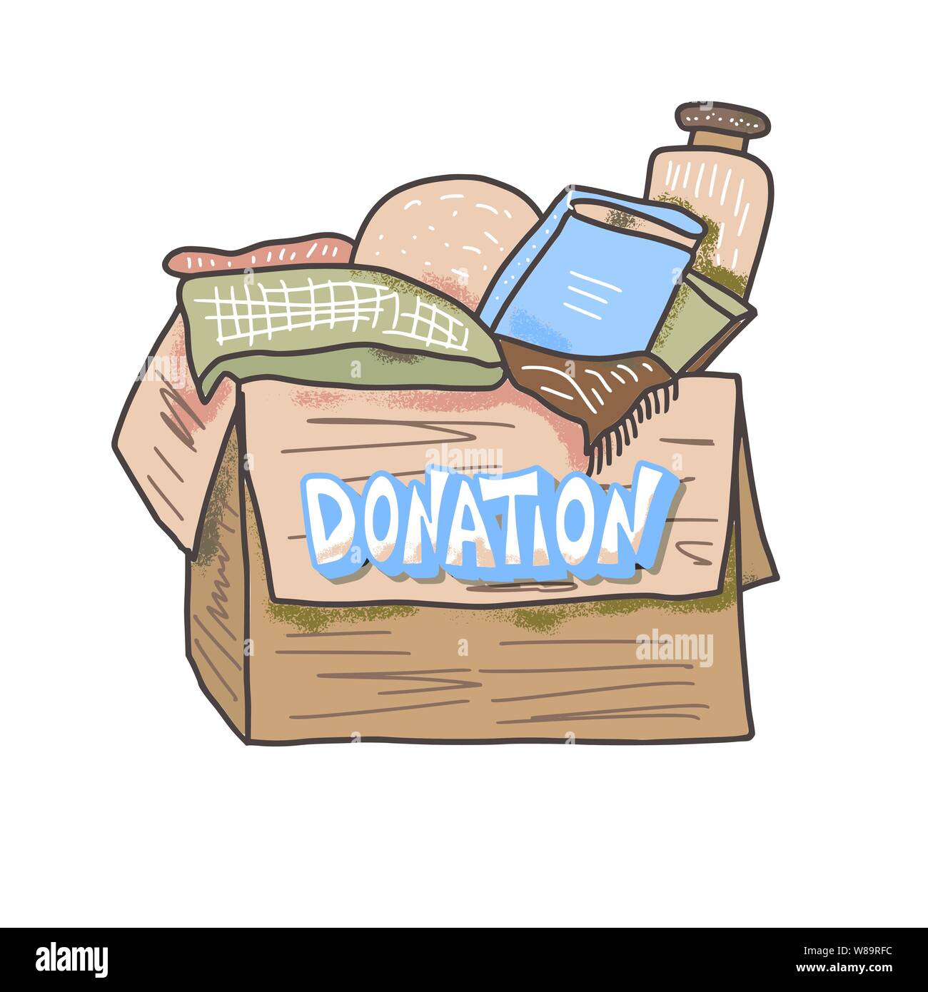 Donation concept. Box with stuff and text. Donate things with lettering