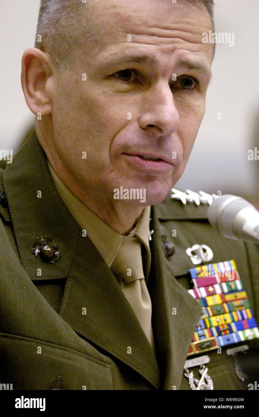 Chairman of the Joint Chiefs of Staff Gen. Peter Pace, U.S. Marine Corps responds to a question from a committee member as he testifies before the House Armed Services Committee hearing at the Rayburn House Office Building in Washington, D.C., on Feb. 8, 2006.  Pace joined Secretary of Defense Donald H. Rumsfeld and Chief of Staff of the U.S. Army Gen. Peter Schoomaker in testifying before the committee. Stock Photo