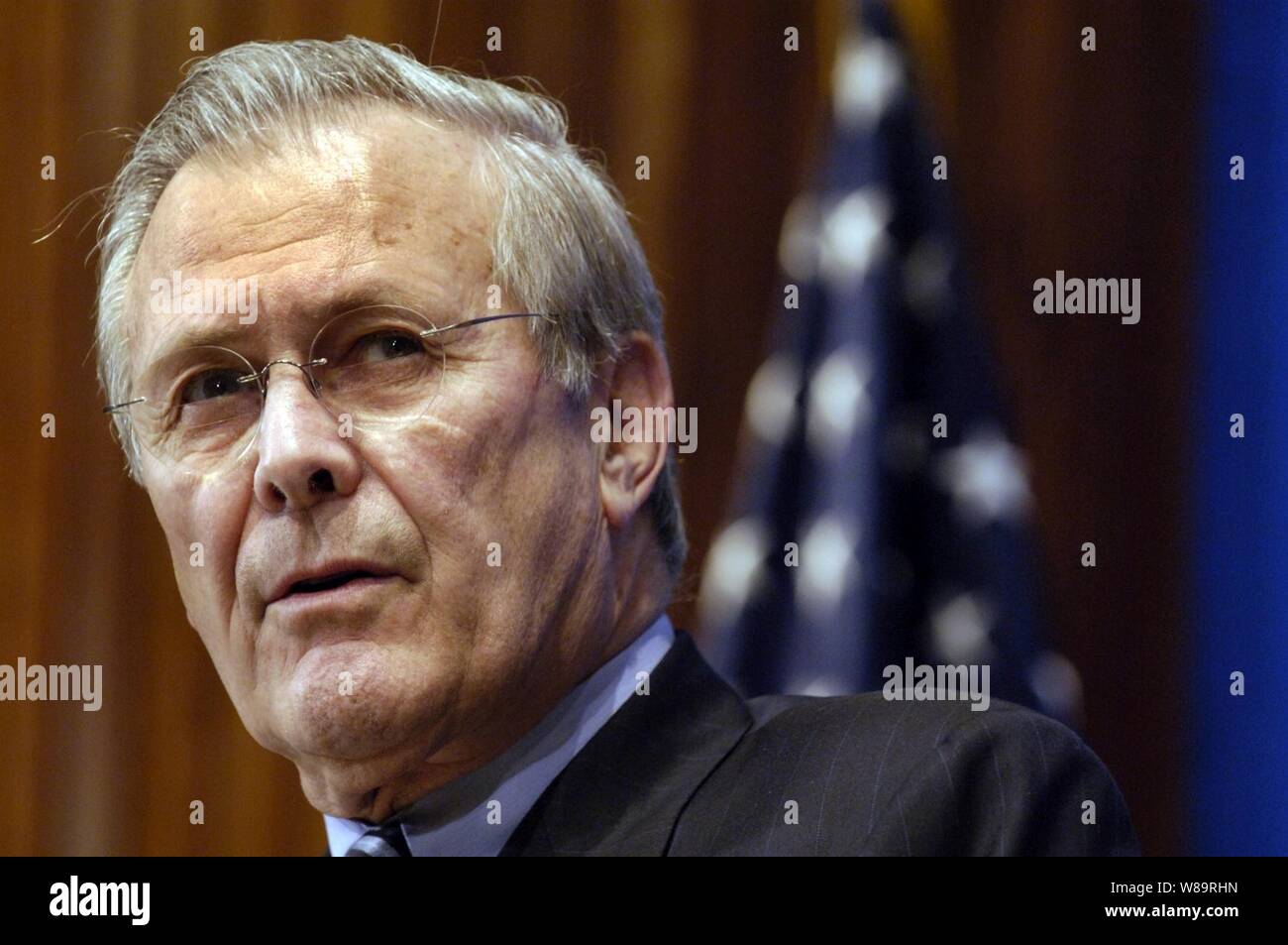 Secretary of Defense Donald H. Rumsfeld talks to reporters during the Newsmaker Lunch at the National Press Club in Washington, D.C., on Feb. 2, 2006.  Rumsfeld spoke to members about the global war on terrorism and took questions from the audience about numerous defense related topics. Stock Photo