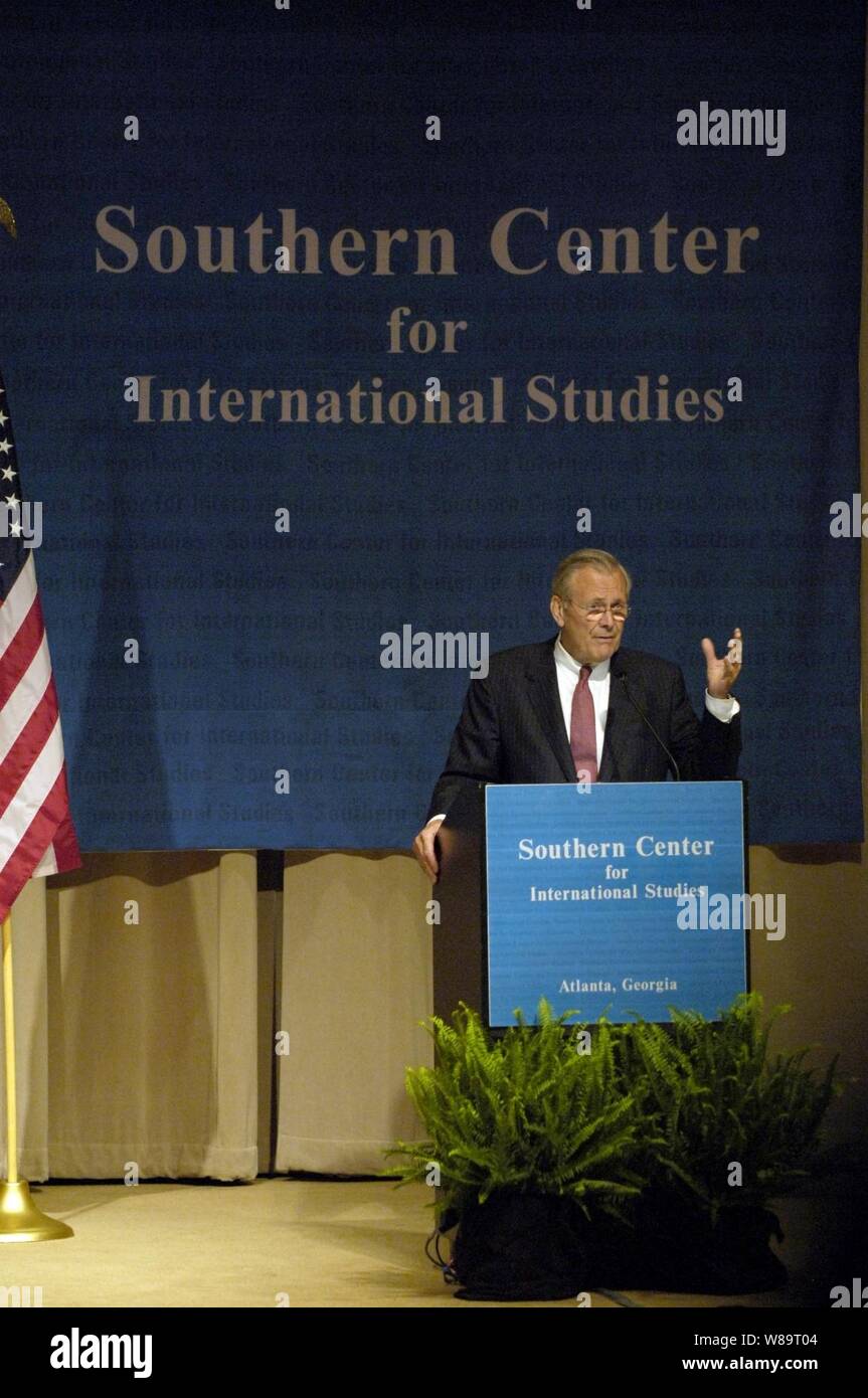 Secretary of Defense Donald H. Rumsfeld addresses an audience of business and political leaders at the Southern Center for International Studies at the Atlanta History Center in Atlanta, Ga., on May 4, 2006.  The Center, founded in 1962, is a non-profit educational institution whose primary mission is to internationalize the thinking of the American public. Stock Photo