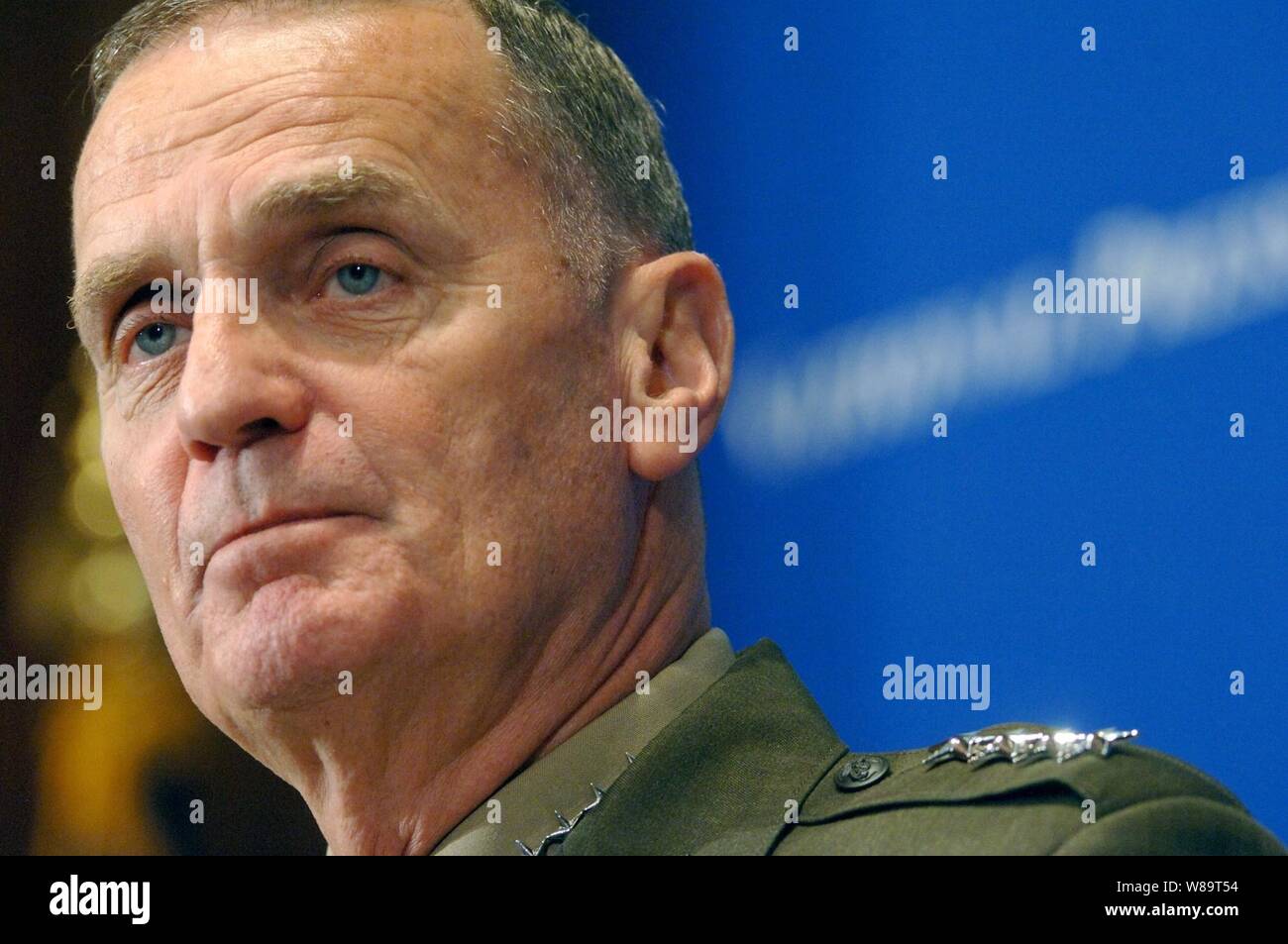 Supreme Allied Commander, Europe and the Commander of the U.S. European Command Gen. James L. Jones, U. S. Marine Corps, listens to a question during a luncheon at the National Press Club in Washington, D.C., on May 25, 2006.  Jones spoke to members on the theme of 'NATO: New Capabilities for Emerging Global Challenges,' and the war on terror. Stock Photo