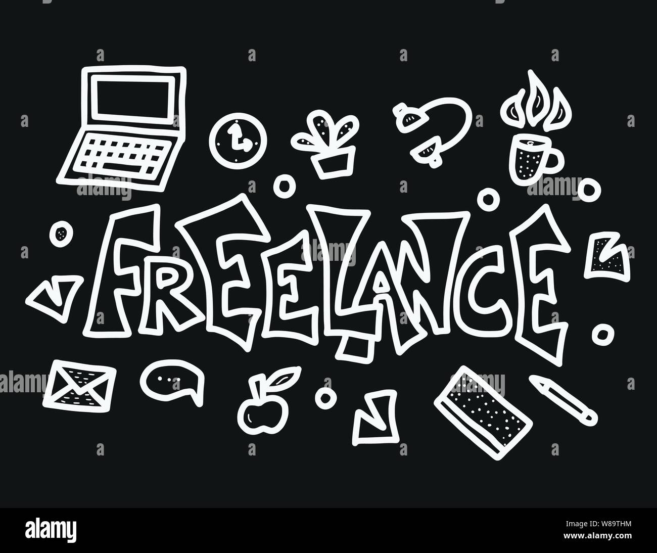 Freelance word. Hand drawn lettering with job design elements. Work at