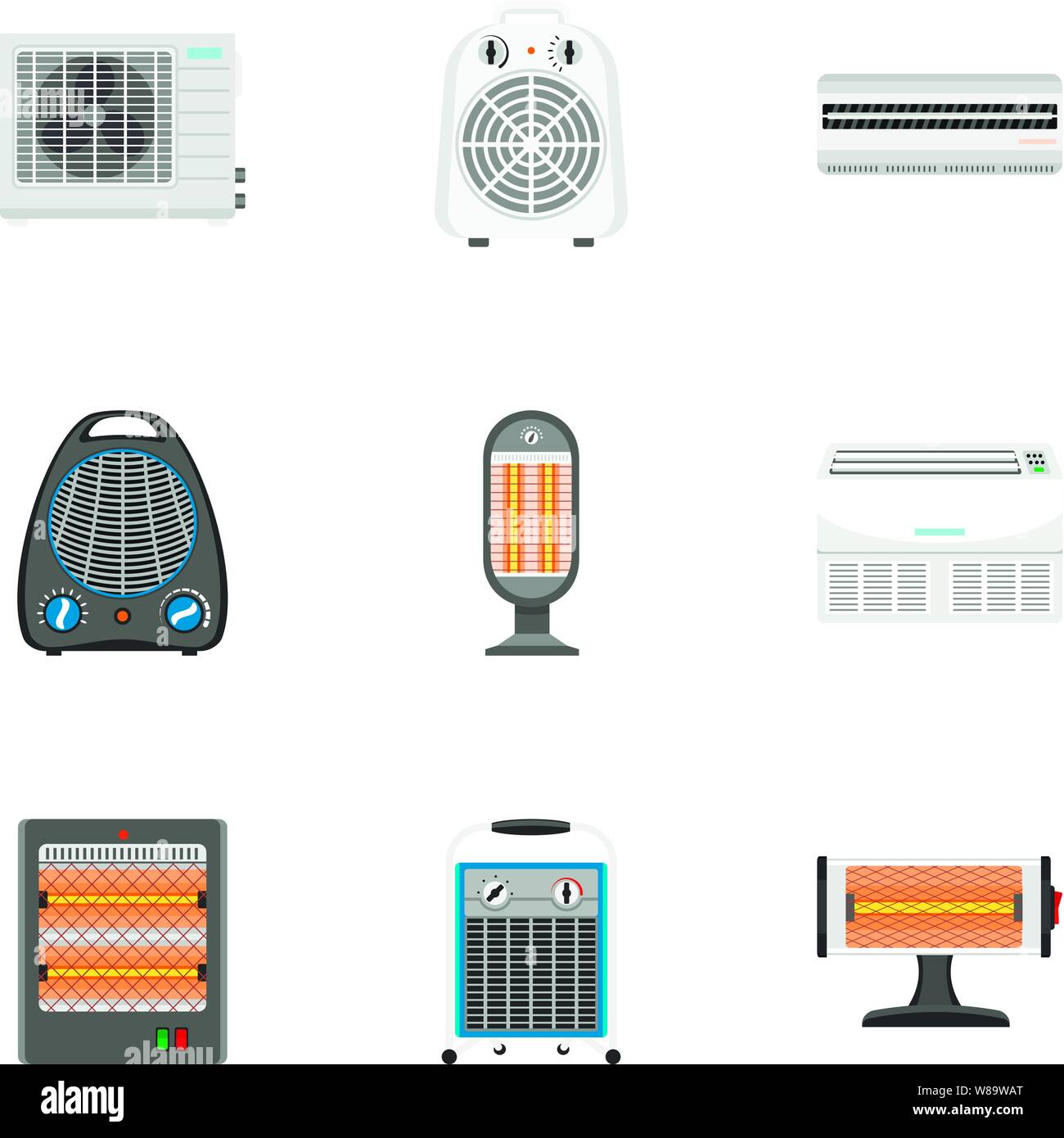 Fan heater icon set. Flat set of 9 fan heater vector icons for web