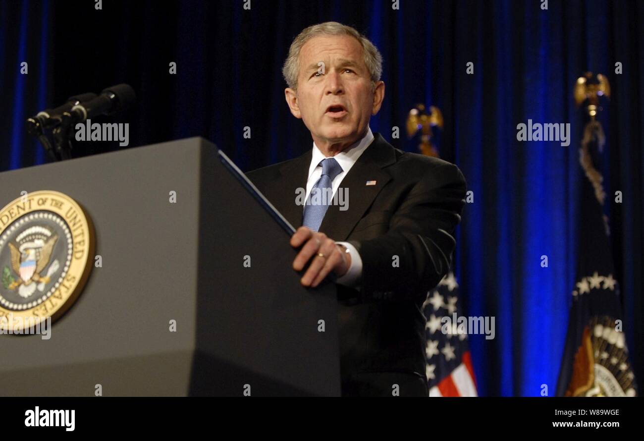 President George W. Bush speaks to the audience in the Pentagon auditorium on March 19, 2008.  Bush addressed members of the Armed Forces, Department of Defense and Department of State employees about the progress made in Iraq and the Global War on Terror. Stock Photo