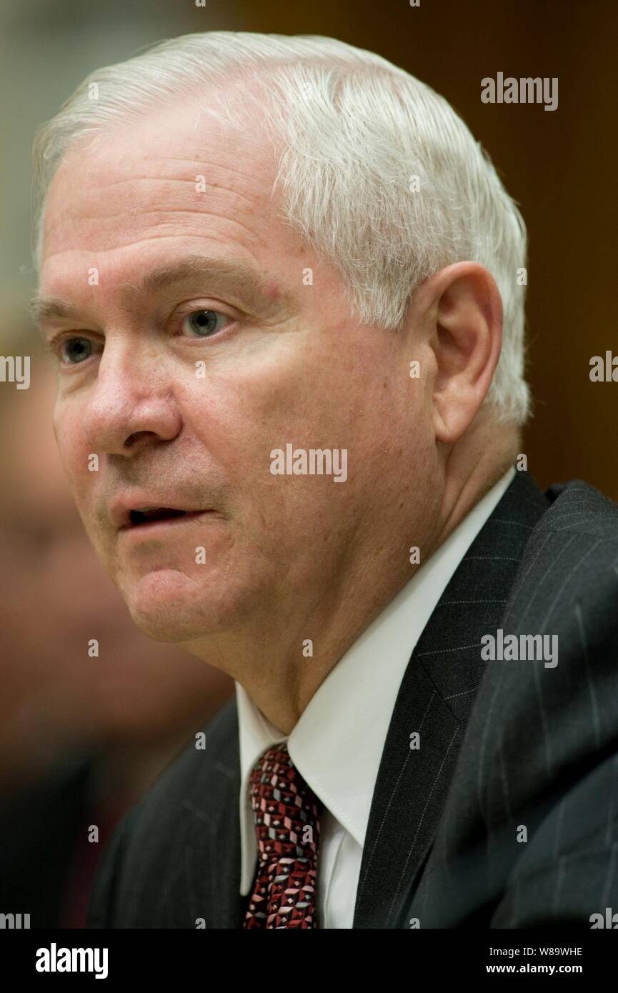 Secretary of Defense Robert M. Gates testifies before the House Armed Service Committee in Washington, D.C., on April 15, 2008.  Joining Gates is Secretary of State Condoleezza Rice and Chairman of the Joint Chiefs of Staff Adm. Mike Mullen, U.S. Navy. Stock Photo