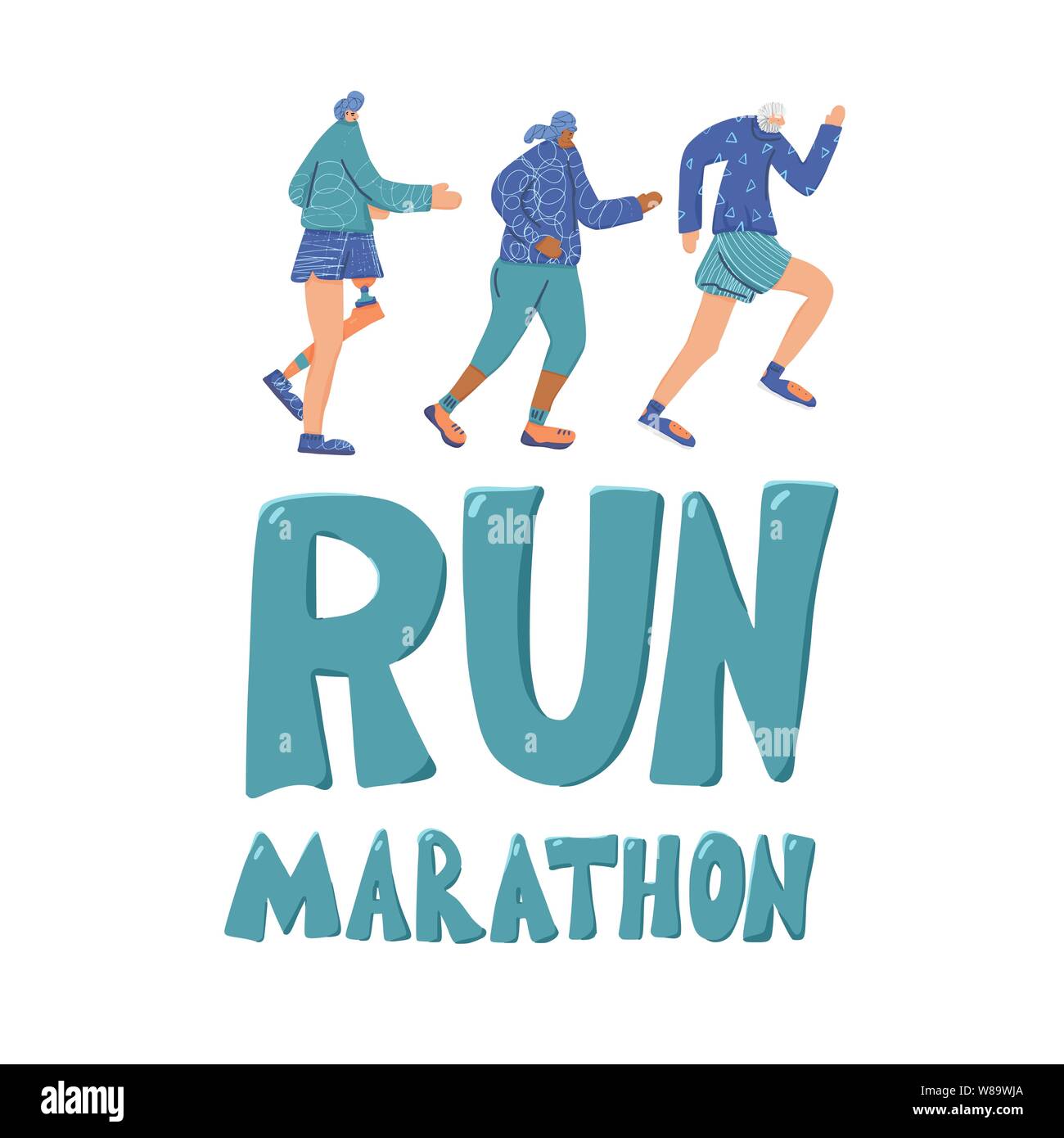 Run marathon text with athletes characters. Different persons jogging isolated. Vector design. Stock Vector