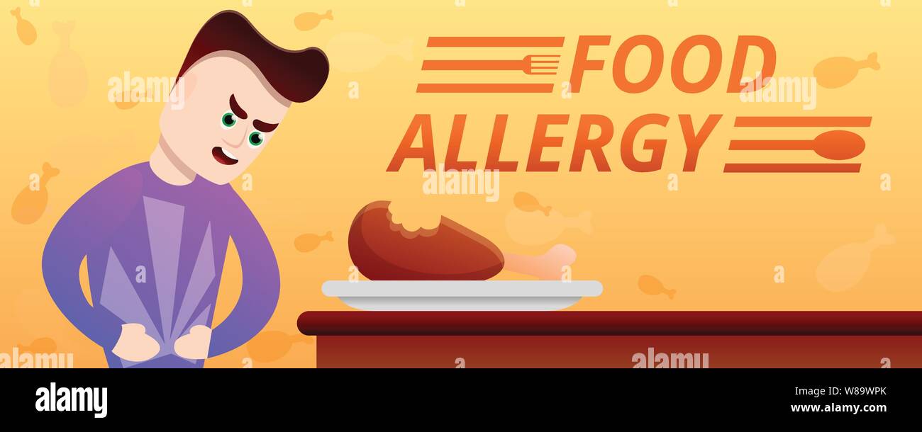 Food allergy concept banner. Cartoon illustration of food allergy vector concept banner for web design Stock Vector
