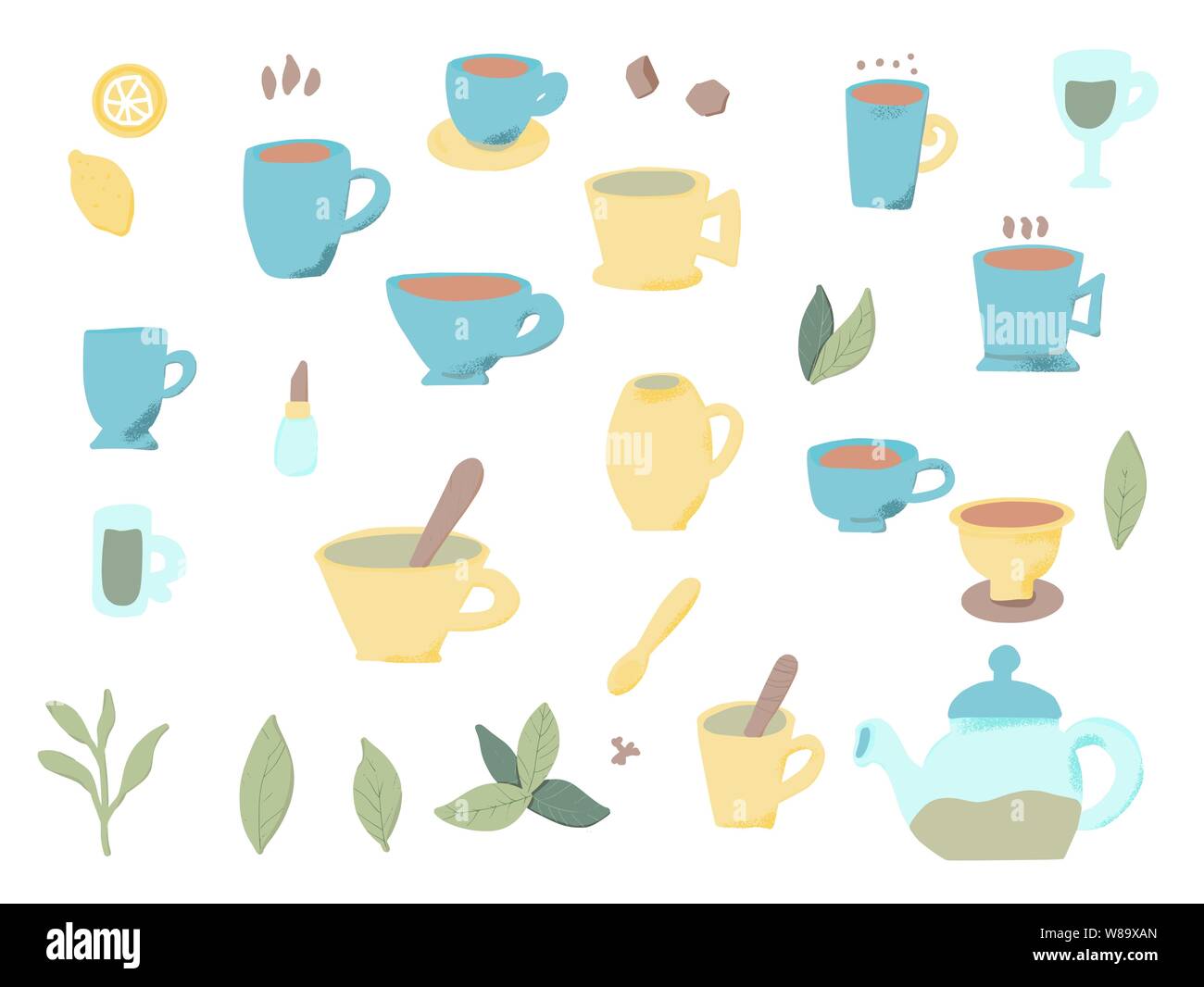 Tea set. Cups and kettele. Hot beverage stuff. Vector illustration. Stock Vector