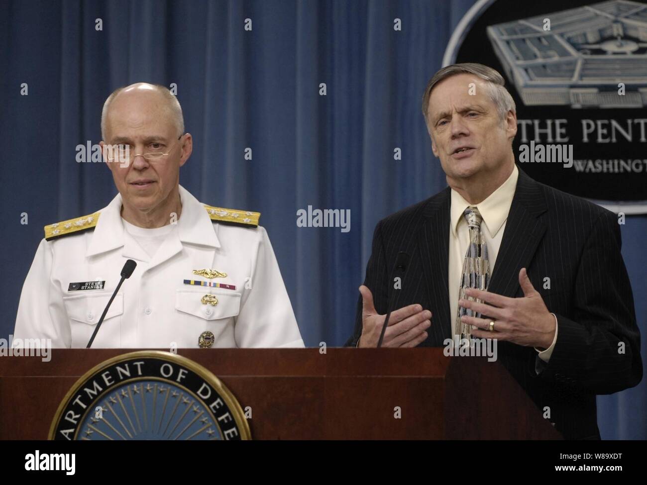 Under Secretary of Defense Comptroller Robert Hale (right) and Joint Staff Director, Force Structure, Resources and Assessment Vice Adm. Steve Stanley conduct a press briefing to discuss President Obama's fiscal 2010 budget proposal in the Pentagon on May 7, 2009. Stock Photo