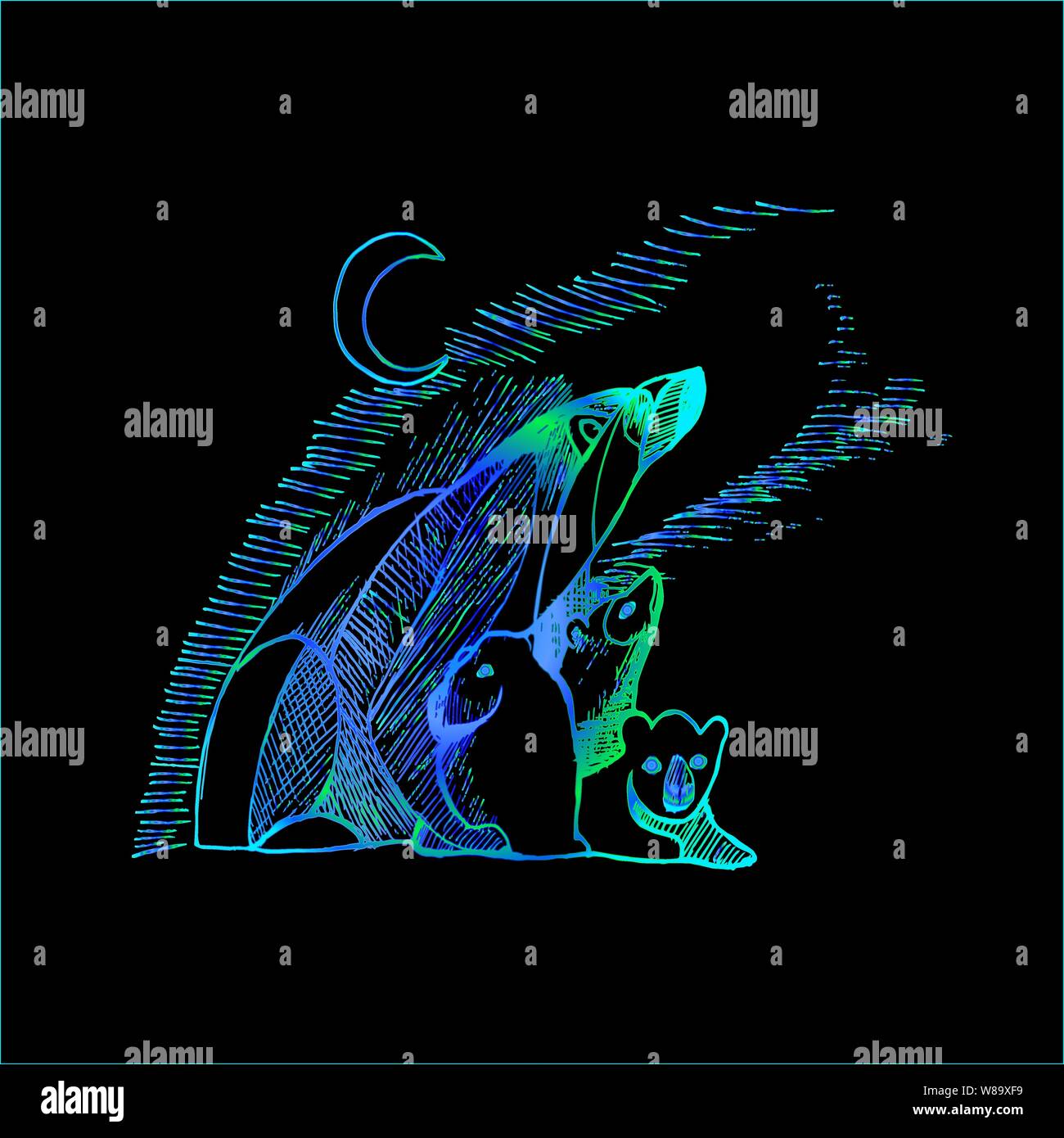 Neon illustration of polar bears. Northern lights and the moon. Stock Vector