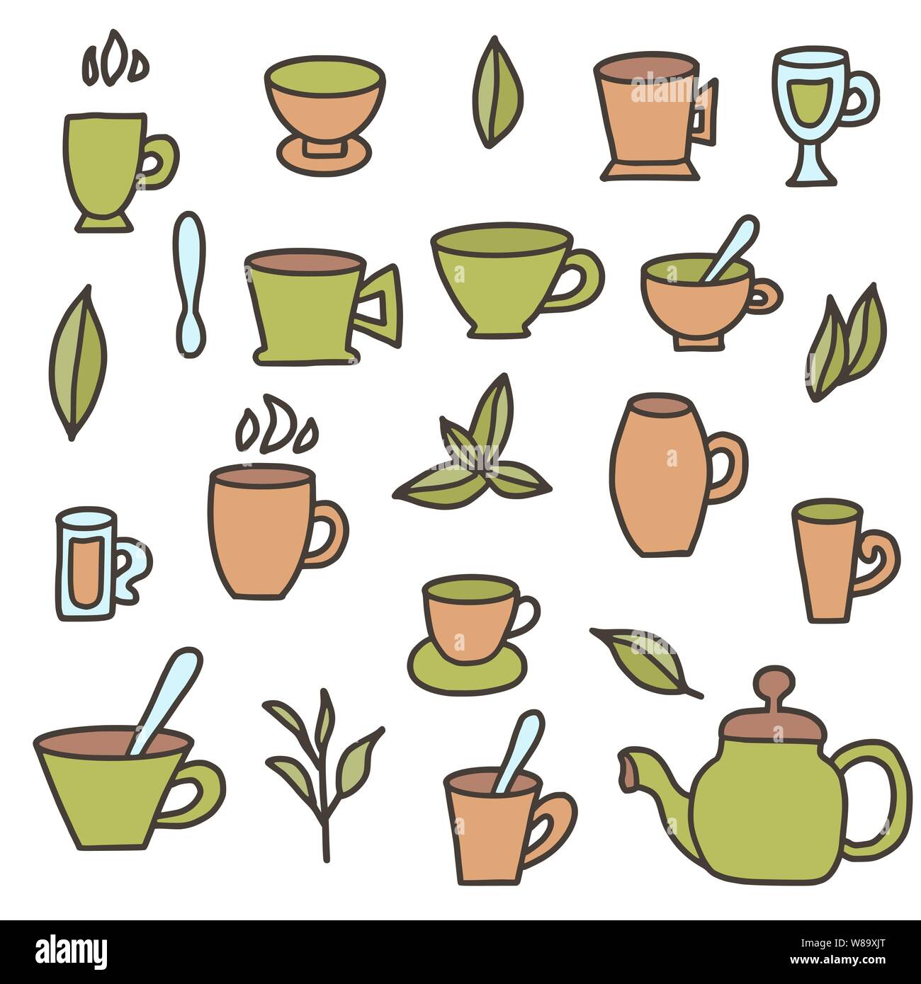 Tea set. Cups and kettele. Hot beverage stuff. Vector illustration. Stock Vector