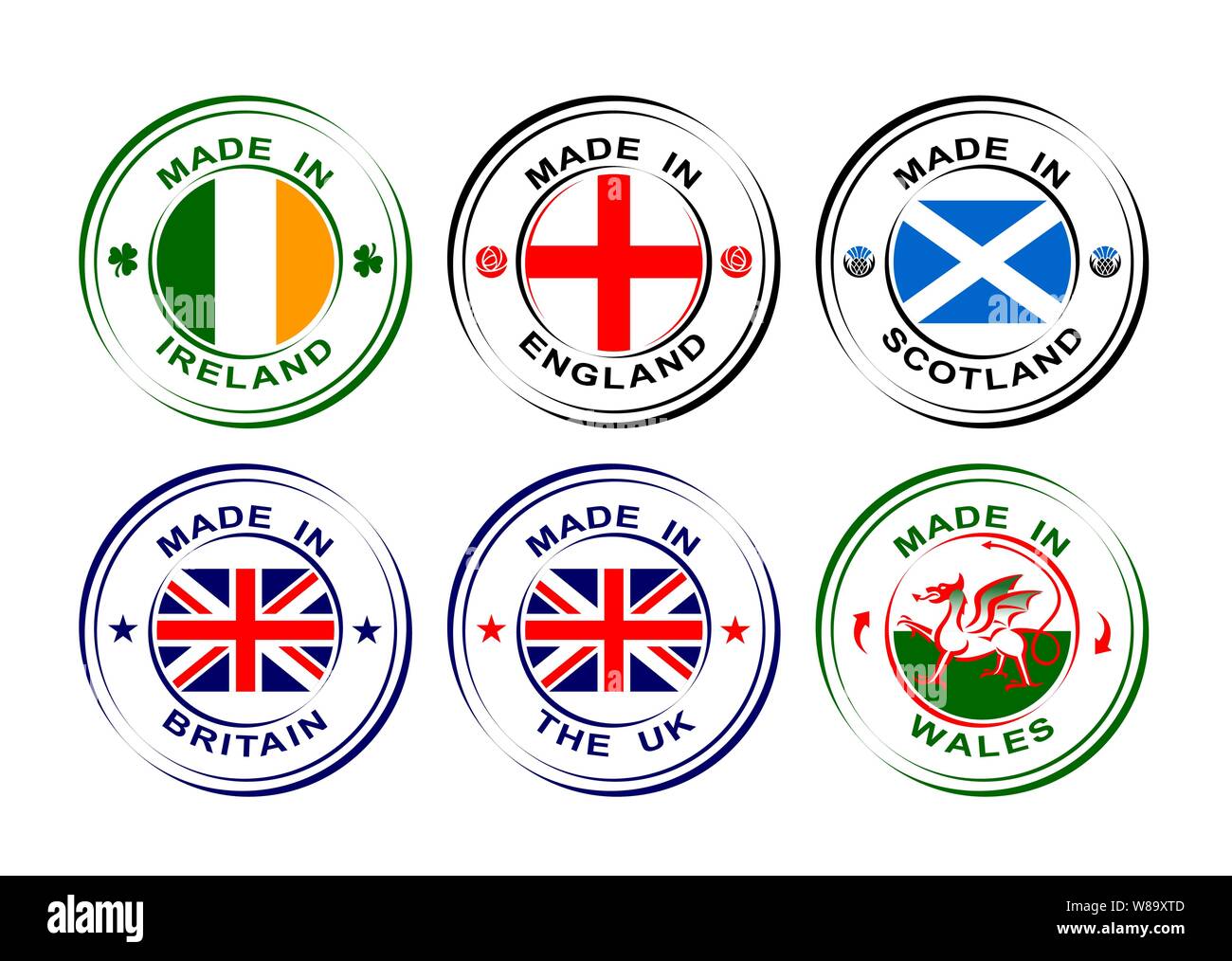 Made in United Kingdom, Great Britain with flag, Wales with dragon, Scotland with thistle, England with rose, Ireland with shamrock Stock Vector
