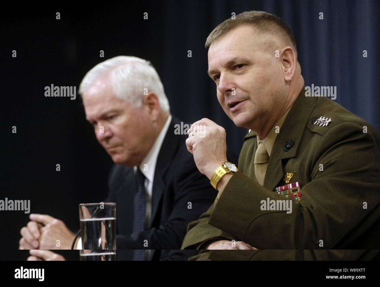 Vice Chairman of the Joint Chiefs of Staff Gen. James E. Cartwright (right) and Secretary of Defense Robert M. Gates answer questions from reporters during a press briefing in the Pentagon on Sept. 17, 2009. Stock Photo