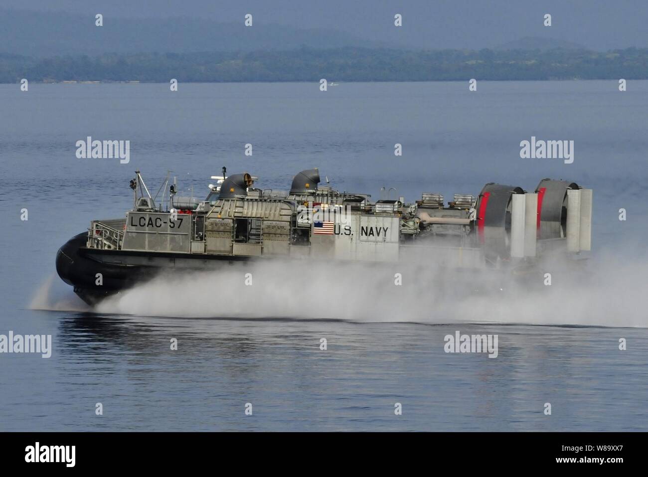 A landing craft, air cushion departs the well deck of the amphibious dock landing ship USS Harpers Ferry (LSD 49) during the Amphibious Landing Exercise (PHIBLEX) in the South China Sea near Puerto Princesa, Philippines, on Oct. 20, 2009.  The Harpers Ferry, the amphibious dock landing ship USS Tortuga (LSD 46) and the Marine Corps 31st Marine Expeditionary Unit are participating in PHIBLEX, an annual bilateral amphibious landing training exercise between the United States and the Armed Forces of the Philippines. Stock Photo
